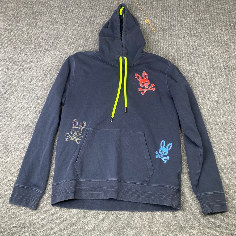 Psycho Bunny Mens Navy Blue Multi Logo Embroidered Pullover Hoodie Size L